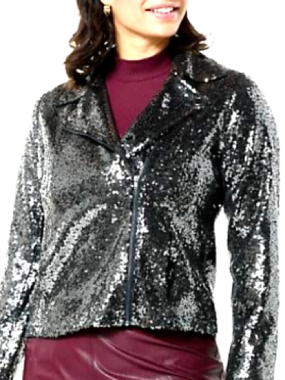 Colleen Lopez Luxe Sequin Moto Jacket in gunmetal silver.